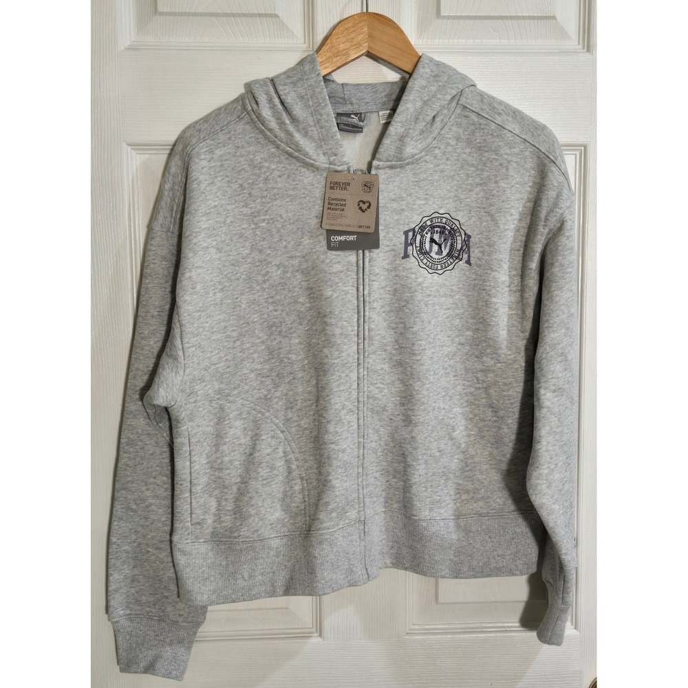 Puma Vintage Sport FZ Hoodie Light Gray Heather Crop Fleece 683504 04 Womens S